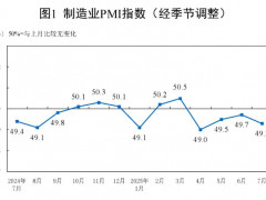 2025年7月中国制造业采购经理指数49.3%，环比下降0.4%